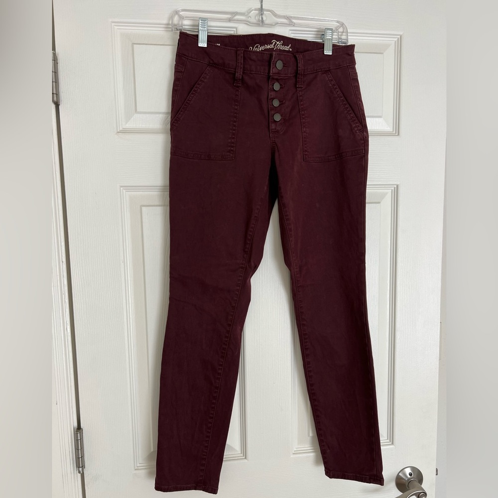 Women’s Pants- Buttons, Mid-Rise, Skinny, Burgundy/Wine Color, Size 26